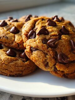 A stack of three soft Pumpkin Chocolate Chip Cookies topped generously with melted chocolate chips, resting on a white plate.