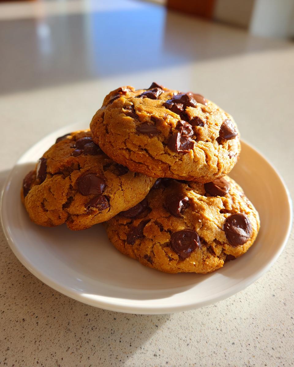 Three soft Pumpkin Chocolate Chip Cookies stacked on a small white plate, glistening in sunlight.