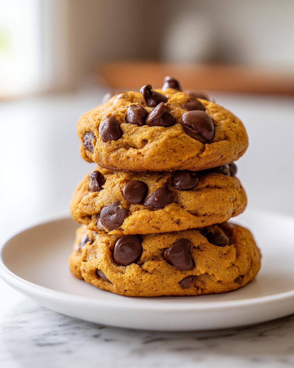 Three soft Pumpkin Chocolate Chip Cookies stacked on a white plate, featuring rich orange dough and melted chocolate chips.