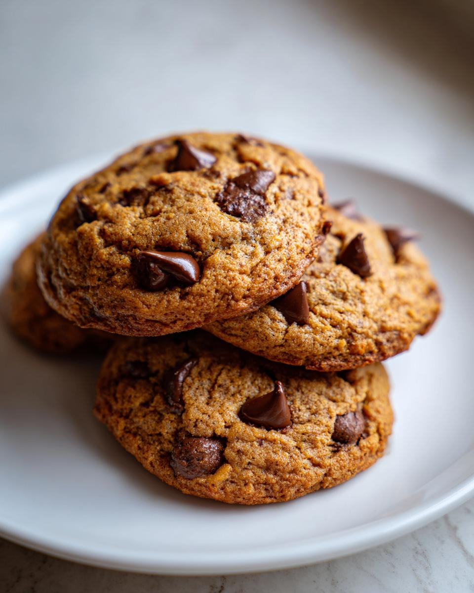 Close-up of a stack of soft Pumpkin Chocolate Chip Cookies studded with melted chocolate chips on a white plate.