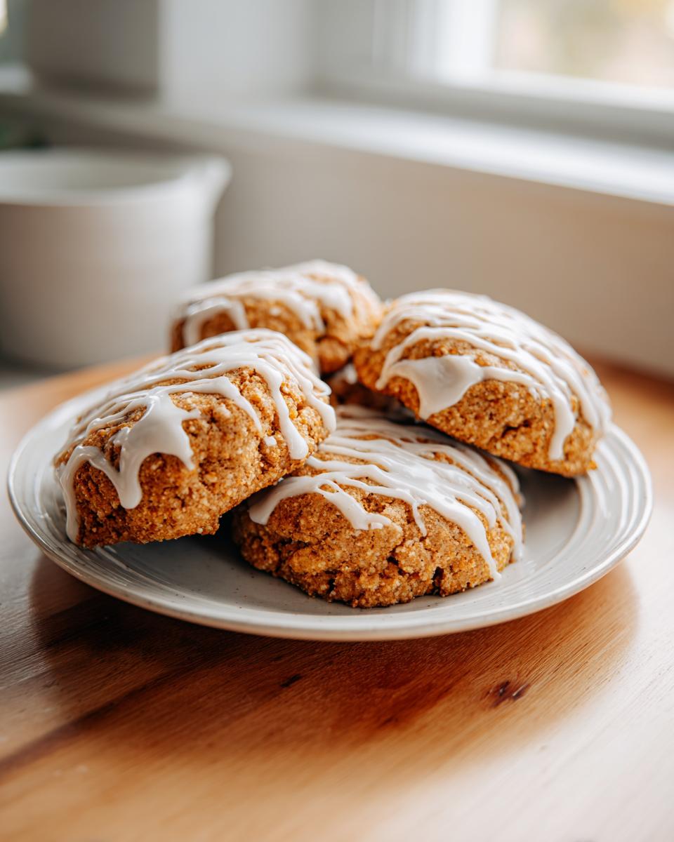 Four soft Pumpkin Cookies drizzled generously with white vanilla glaze, resting on a plate.