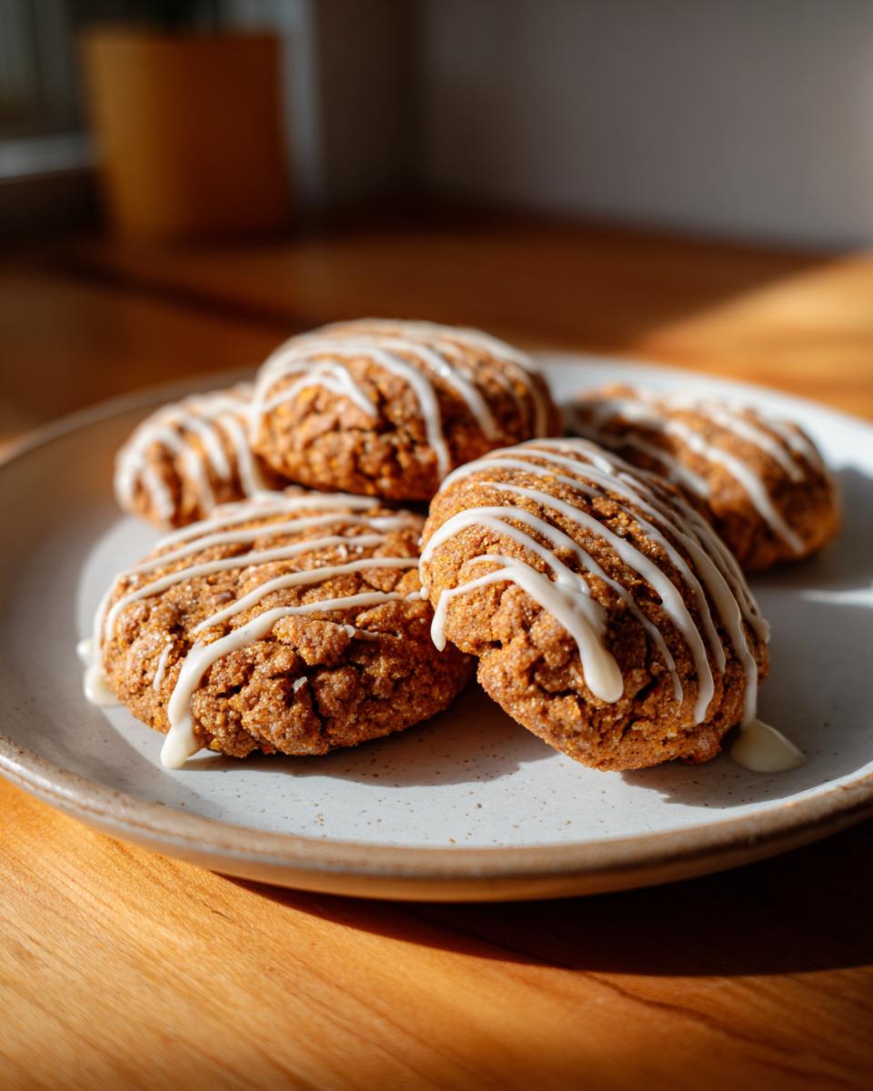 A stack of soft Pumpkin Cookies drizzled with white vanilla glaze sitting on a speckled plate.