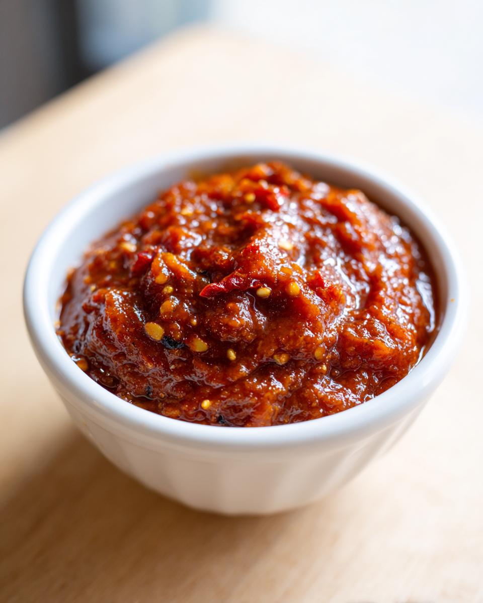 Close-up of a vibrant, chunky red chutney, likely spicy, served in a small white bowl.
