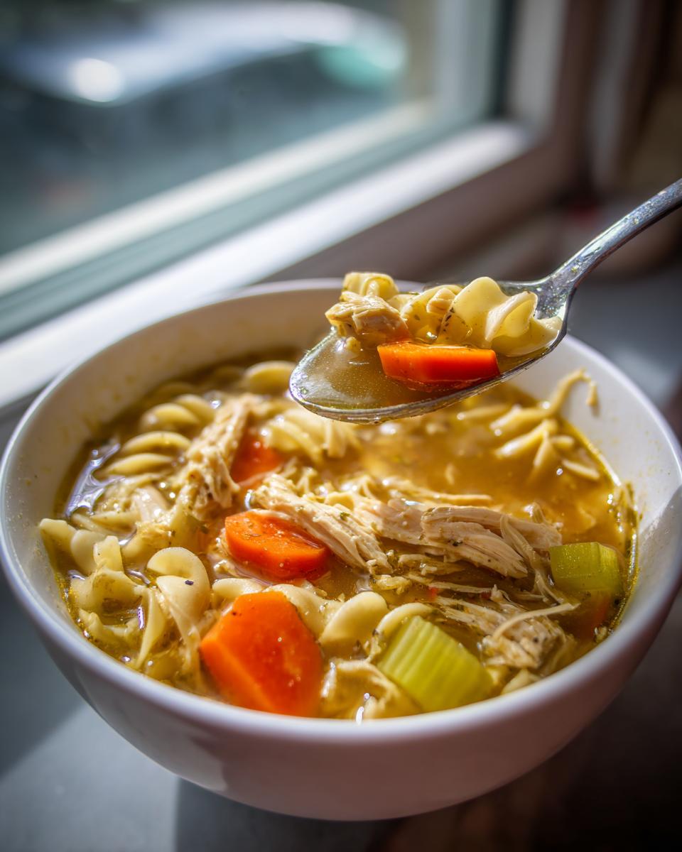A spoonful of amazing Chicken Soup lifted from a white bowl, showing noodles, shredded chicken, carrots, and celery.