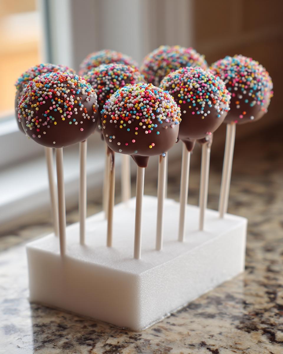 Several homemade Starbucks Cake Pops dipped in chocolate and covered in rainbow sprinkles, standing in a white foam block.