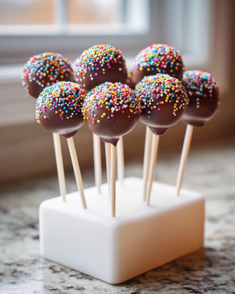 A group of chocolate-dipped Starbucks Cake Pops covered in colorful sprinkles, standing upright in a white foam holder.