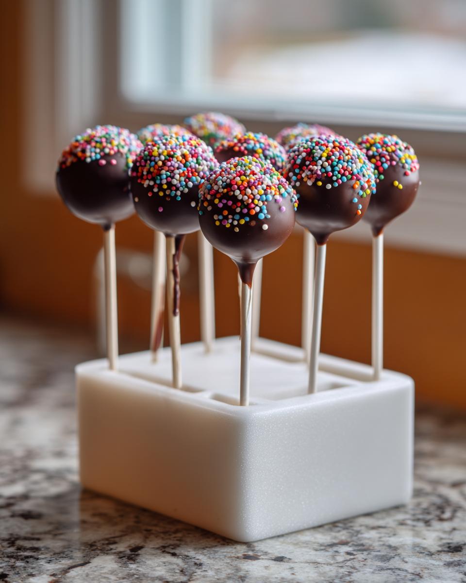 A batch of homemade Starbucks Cake Pops dipped in dark chocolate and covered in rainbow sprinkles, set in a white drying stand.