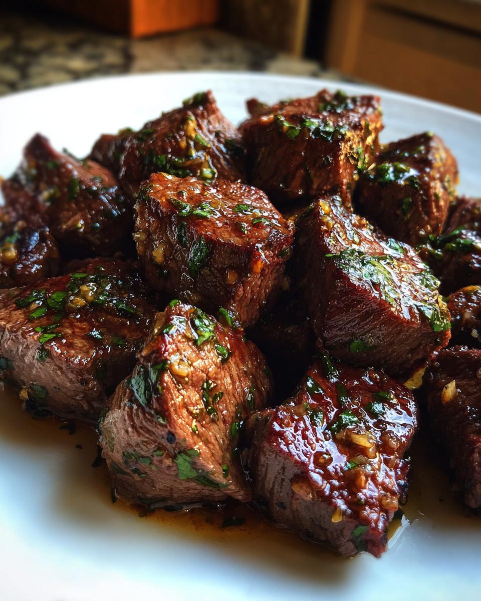 Close-up of perfectly cooked Steak Bites With Garlic Butter, glistening with sauce and topped with fresh parsley.