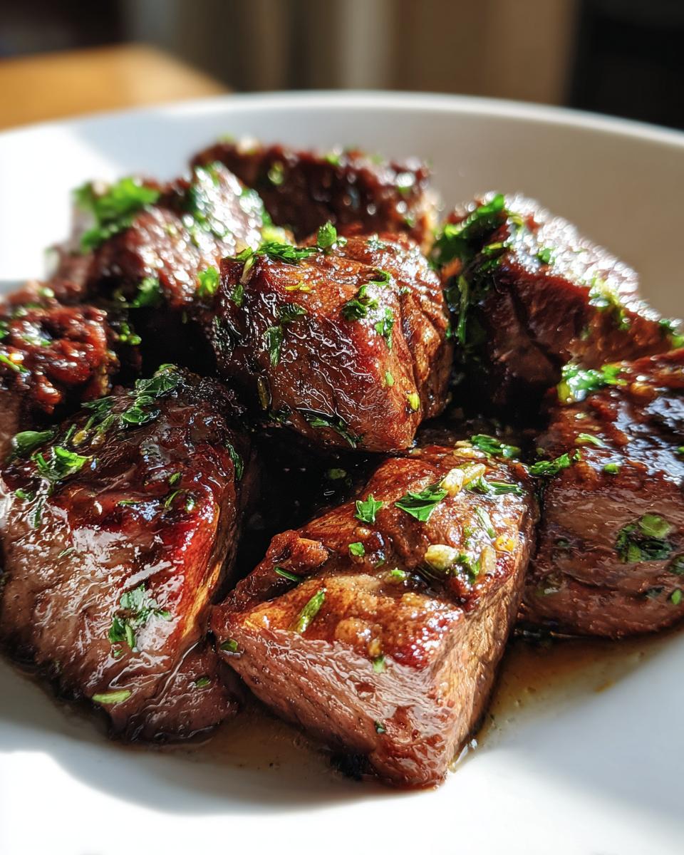 Close-up of juicy Steak Bites With Garlic Butter, glistening with sauce and topped with fresh parsley.