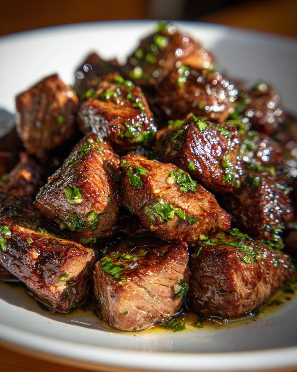 Close-up of perfectly cooked Steak Bites With Garlic Butter, glistening with sauce and topped with fresh green herbs.