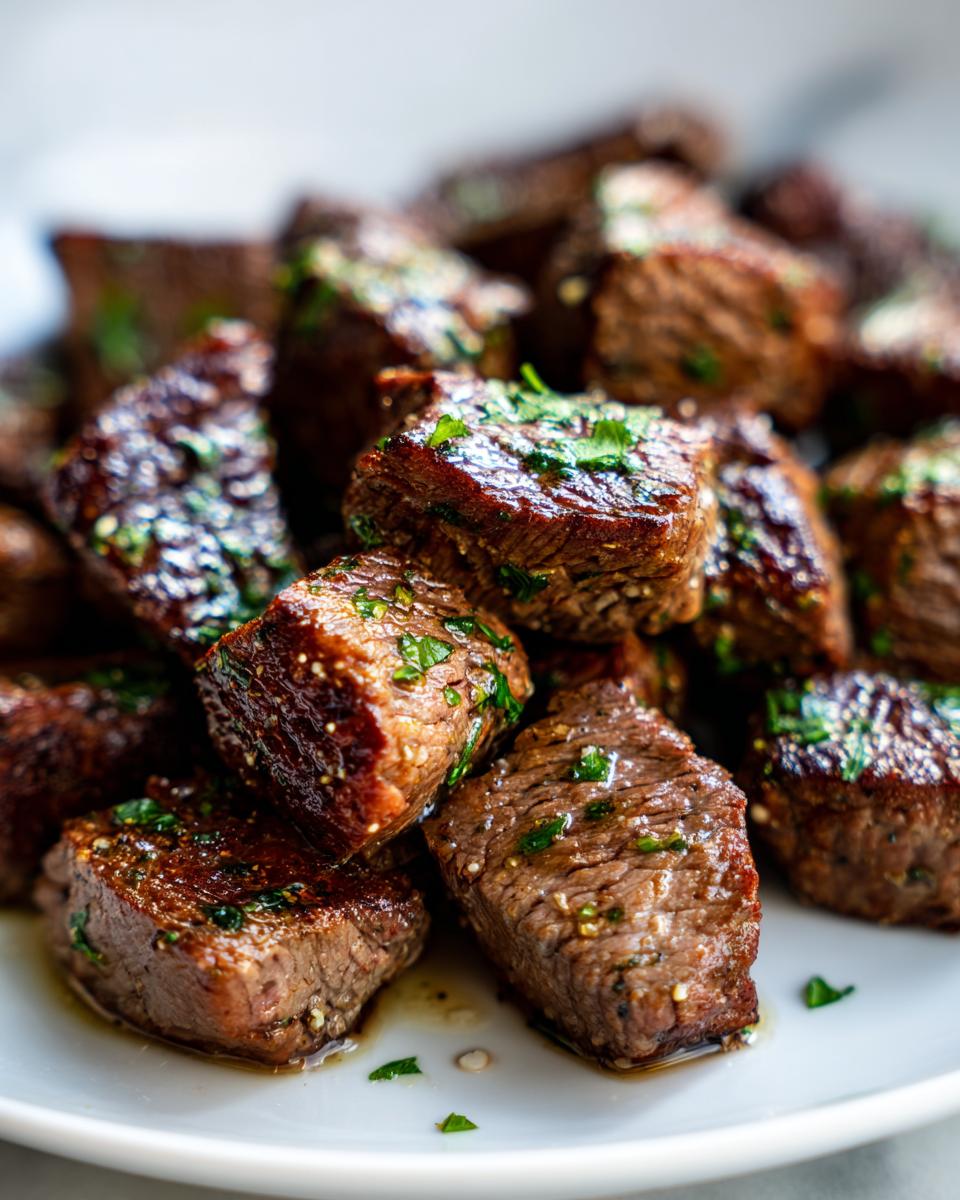 Close-up of perfectly seared Steak Bites With Garlic Butter, glistening and topped with fresh parsley.