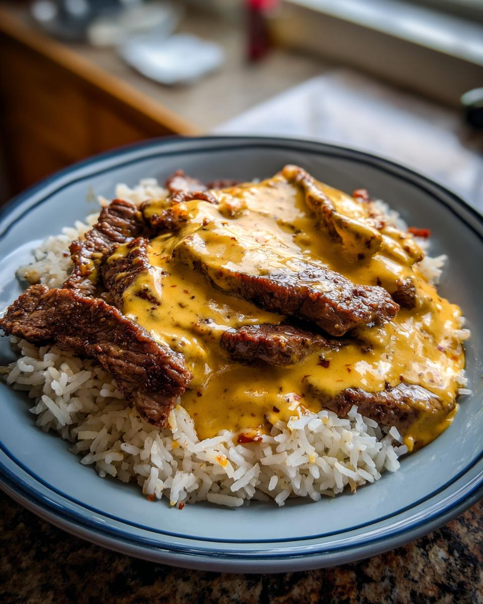Close-up of a bowl featuring white rice topped with sliced steak covered in a rich, orange queso sauce, ready for a Steak Queso Rice Dinner.
