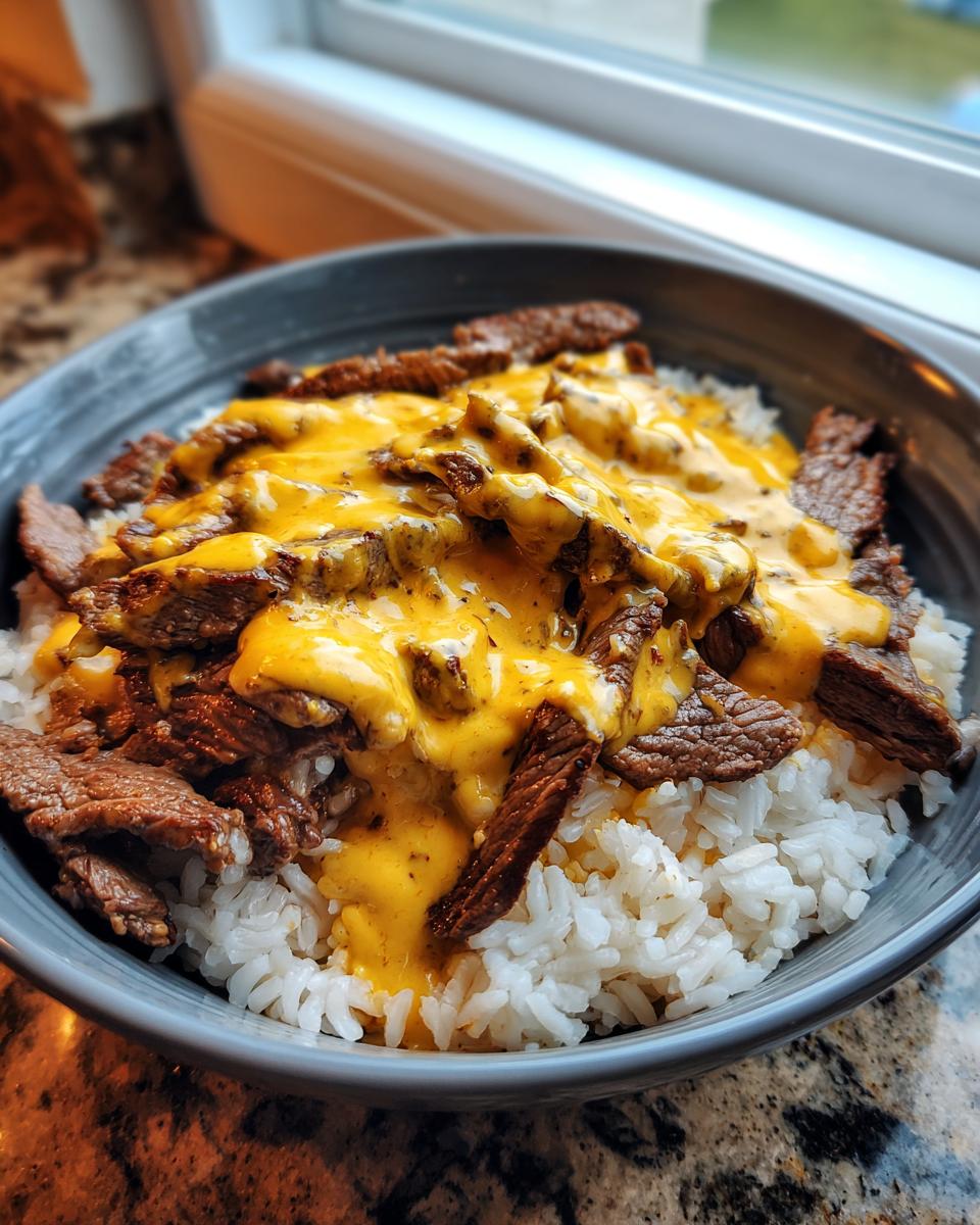 Close-up of Steak Queso Rice Dinner: seasoned steak strips covered in bright yellow queso sauce over white rice in a dark bowl.