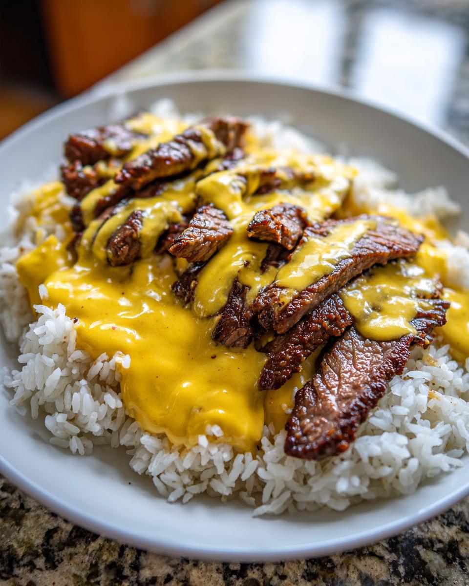 Close-up of a bowl featuring white rice topped with sliced steak and smothered in bright yellow queso sauce for a Steak Queso Rice Dinner.