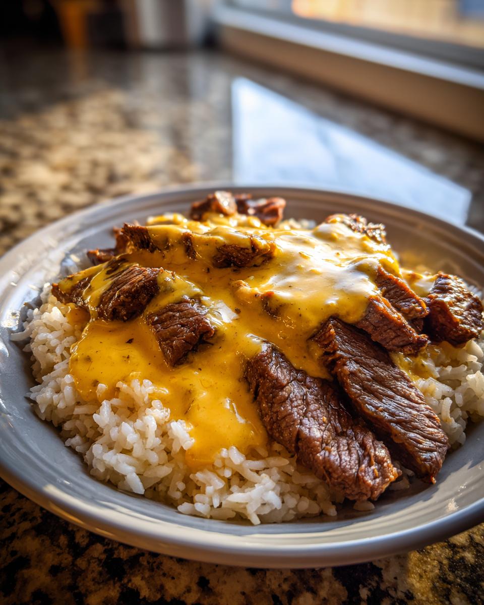 Close-up of sliced steak and bright queso sauce over white rice, ready for a Steak Queso Rice Dinner.