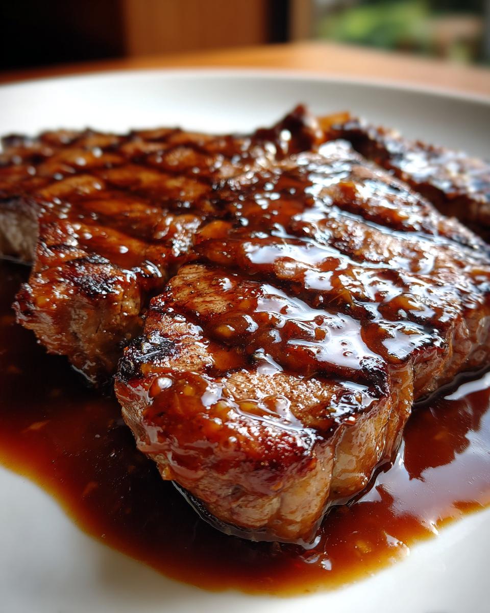 Close-up of a perfectly grilled steak generously coated in shiny Steak With Bourbon Garlic Sauce.