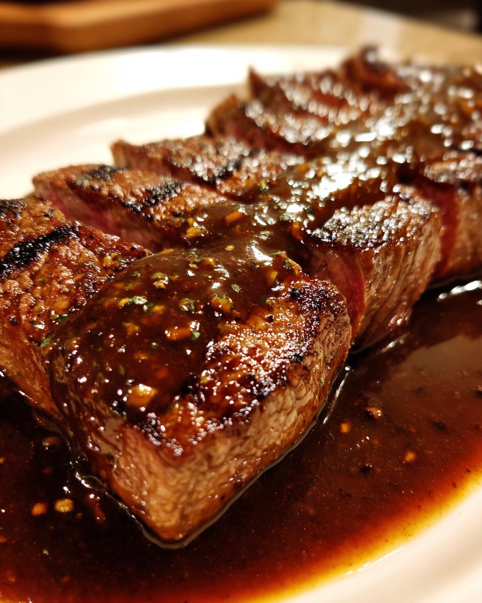 Close-up of perfectly cooked, sliced steak generously topped with rich Steak With Bourbon Garlic Sauce.