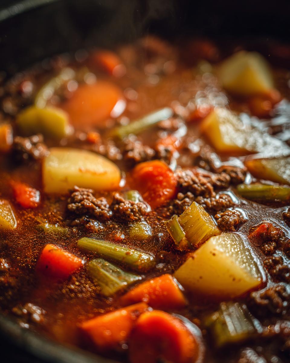 Close-up of rich, steaming Vegetable Beef Soup simmering, showing chunks of beef, potatoes, carrots, and celery.
