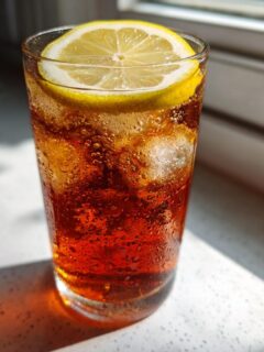 Close-up of a tall glass containing a bubbly, amber-colored drink with ice and a lemon slice, potentially using Stevia Recipes.