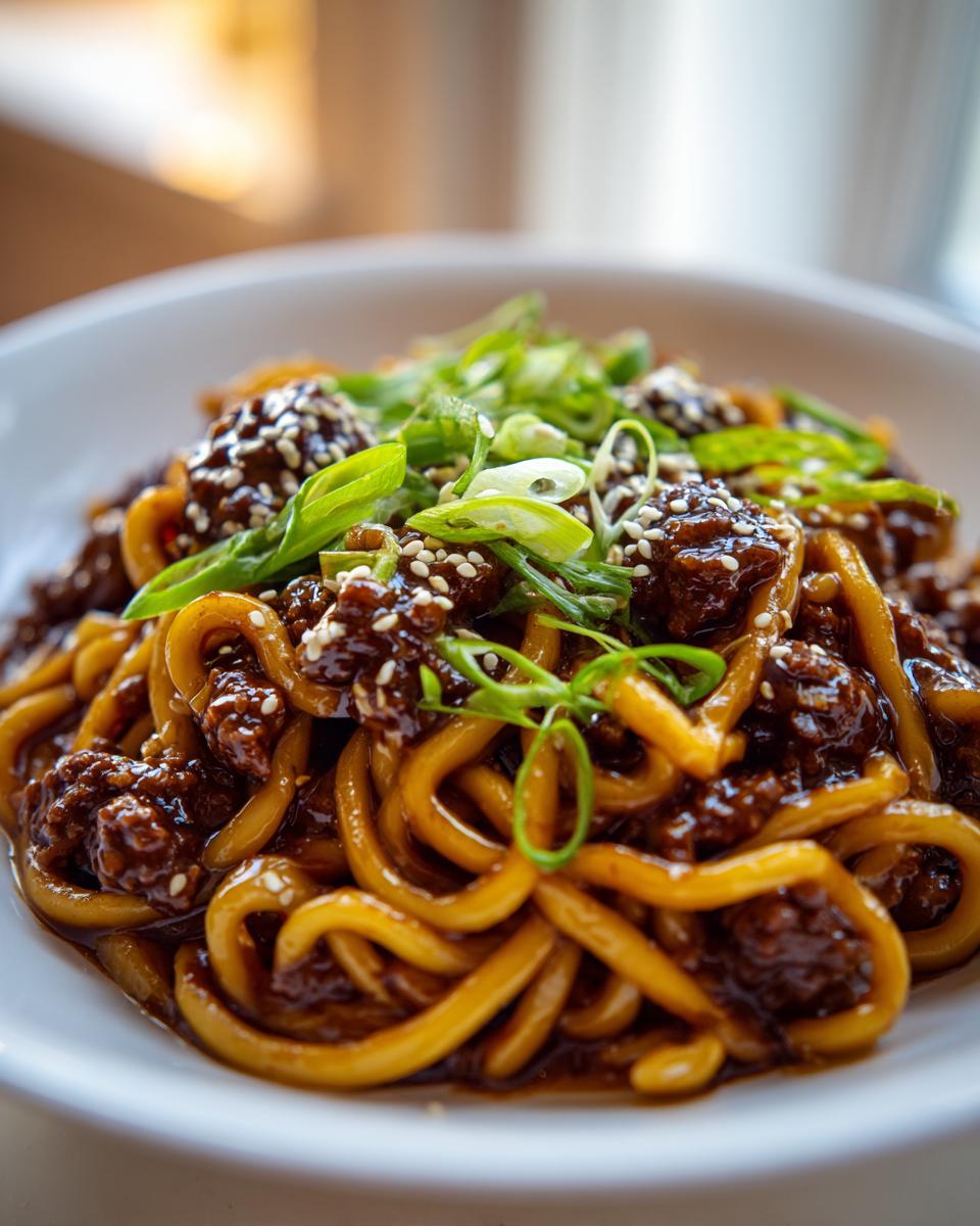 Thick, glossy noodles coated in dark sauce with chunks of beef, garnished with sesame seeds and sliced green onions, representing Sticky Beef Noodles.