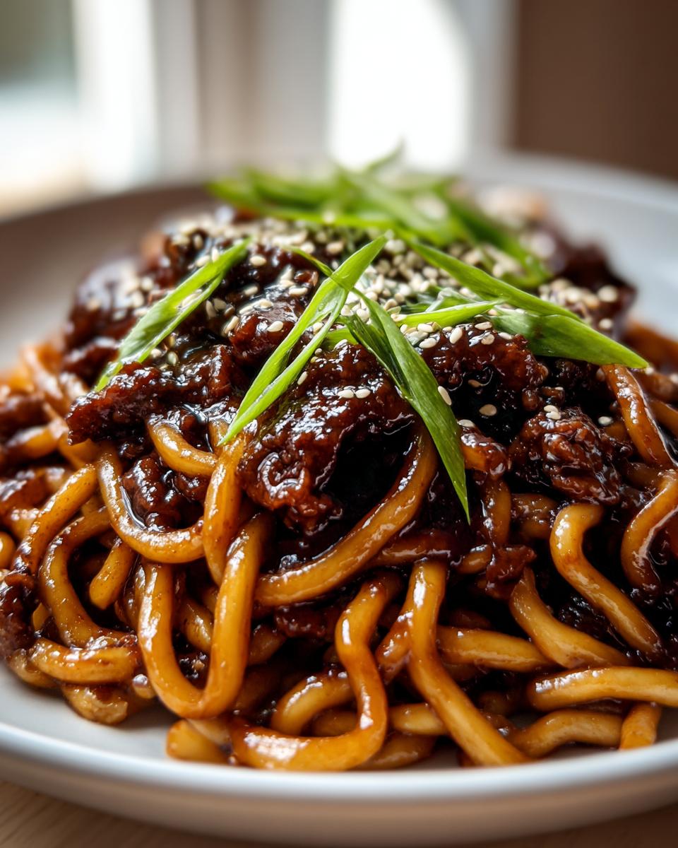 A close-up of glossy Sticky Beef Noodles coated in dark sauce, topped with sesame seeds and sliced green onions.