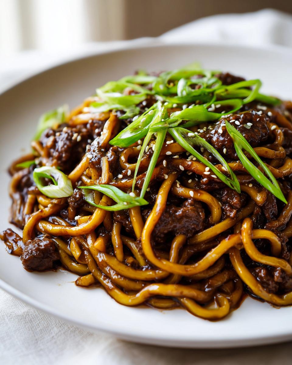 A close-up of glossy, saucy Sticky Beef Noodles topped with fresh green scallions and sesame seeds.