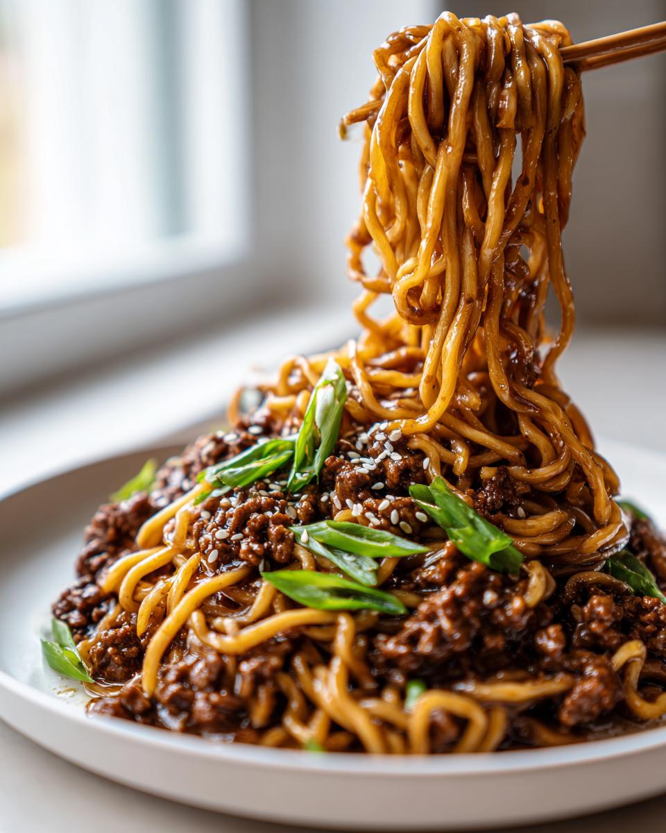 Close-up of chopsticks lifting a tangle of glossy Sticky Beef Noodles topped with ground meat and green onions.