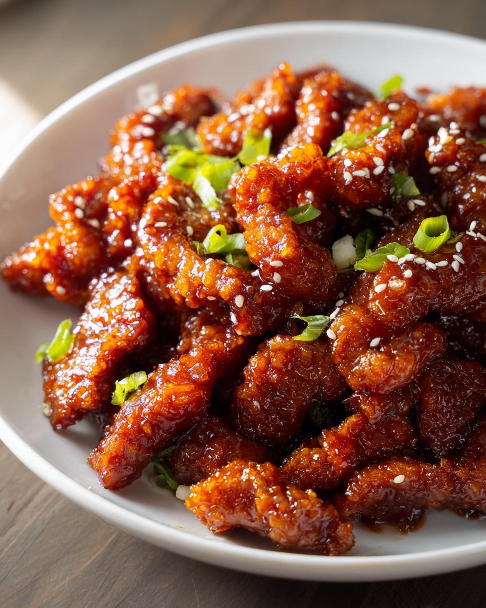 Close-up shot of crispy, glazed Sticky Orange Beef pieces garnished with sesame seeds and green onions in a white bowl.
