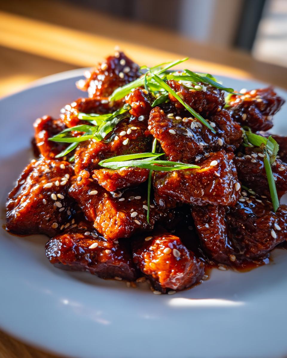 Close-up of crispy, glazed pieces of Sticky Orange Beef garnished with sesame seeds and sliced green onions.
