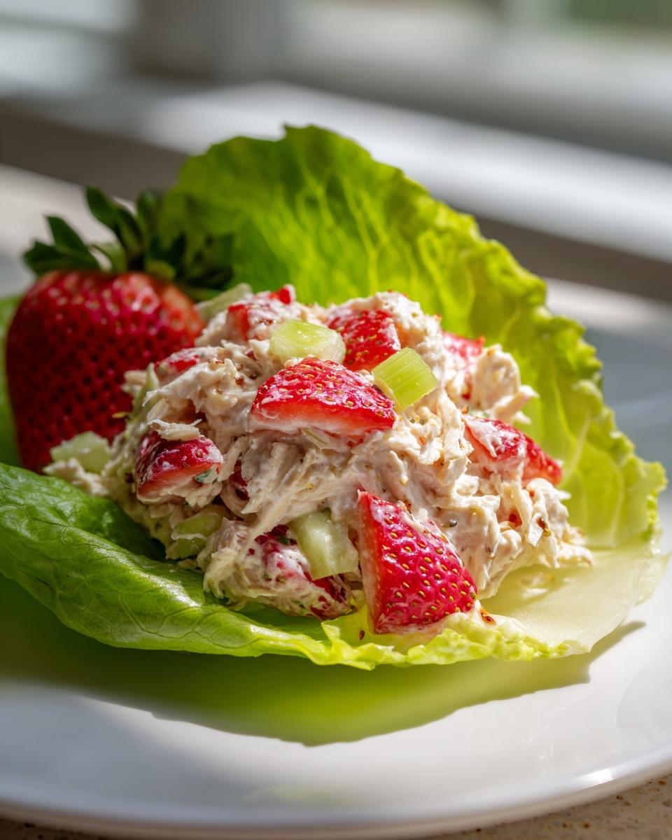 A serving of creamy Strawberry Chicken Salad mixed with sliced strawberries and celery, presented in a crisp lettuce cup.