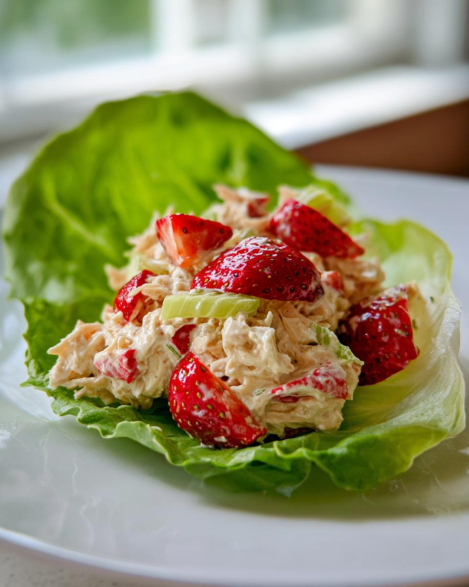 Close-up of creamy Strawberry Chicken Salad served in a crisp lettuce cup, topped with fresh strawberry slices.