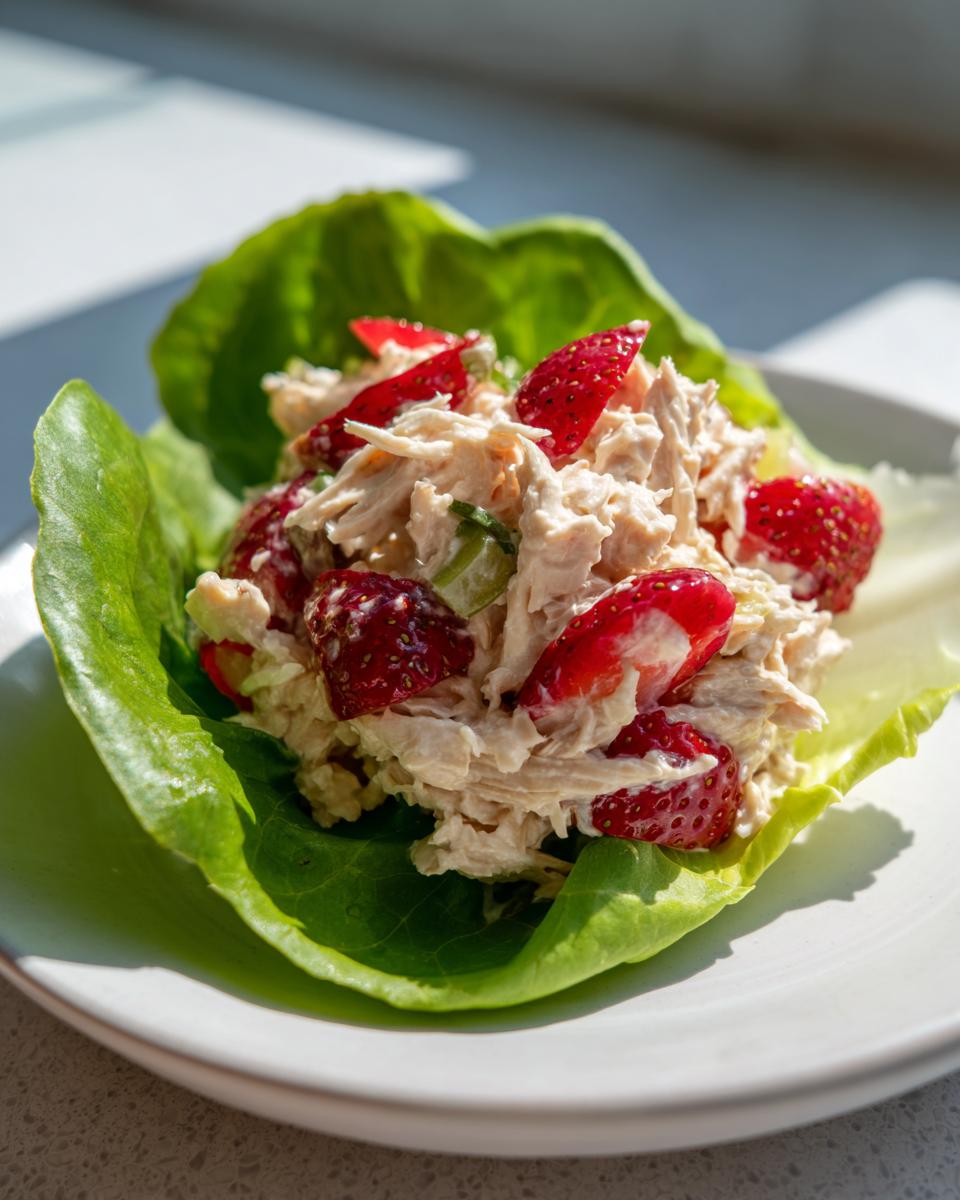 Close-up of Strawberry Chicken Salad served in a crisp lettuce cup on a white plate.
