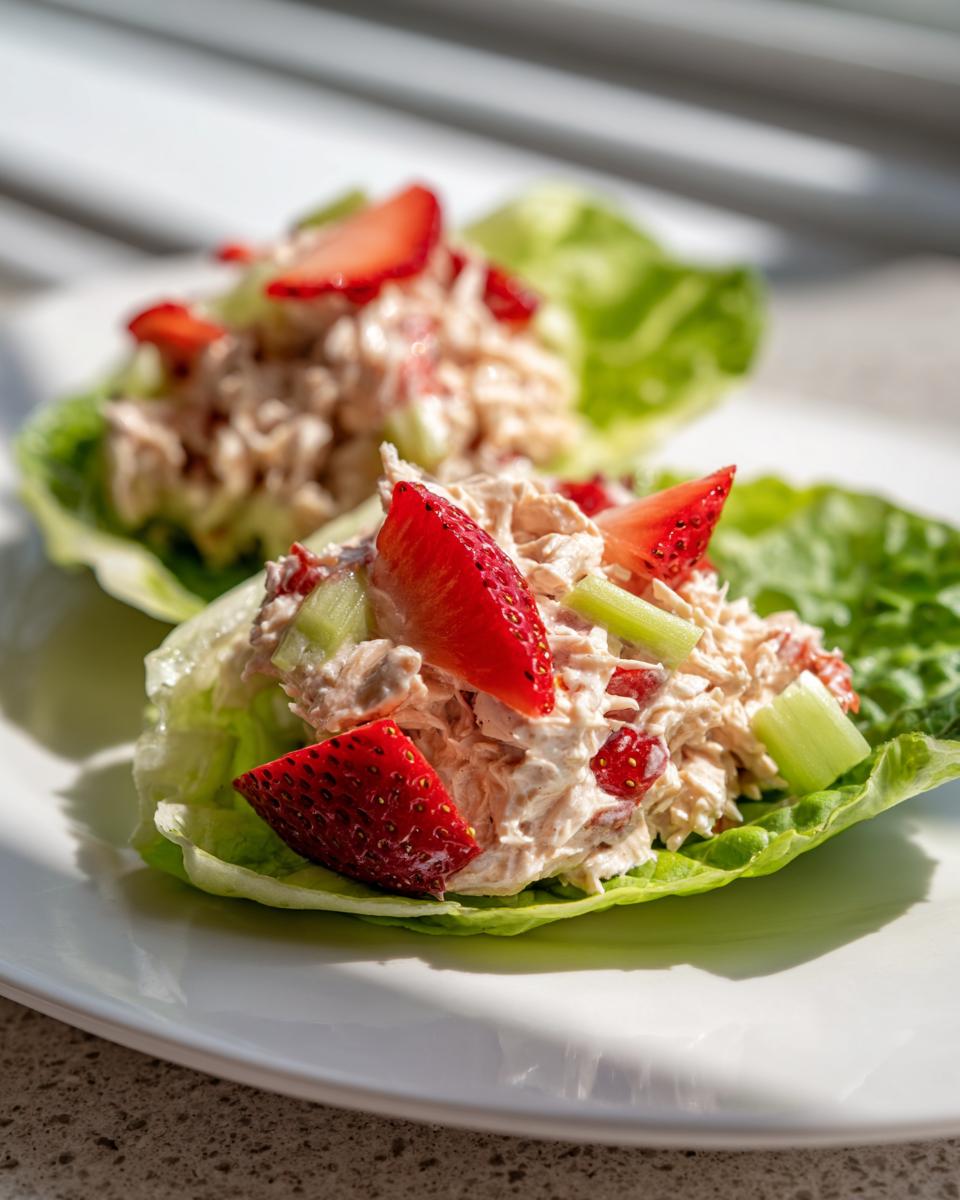 Two servings of creamy Strawberry Chicken Salad nestled in crisp lettuce cups, topped with fresh strawberry slices.
