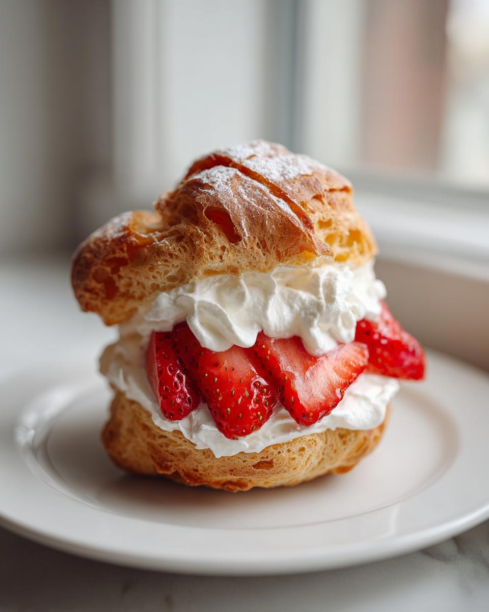 A single Strawberry Cream Puffs split open and filled with whipped cream and sliced fresh strawberries, dusted with powdered sugar.