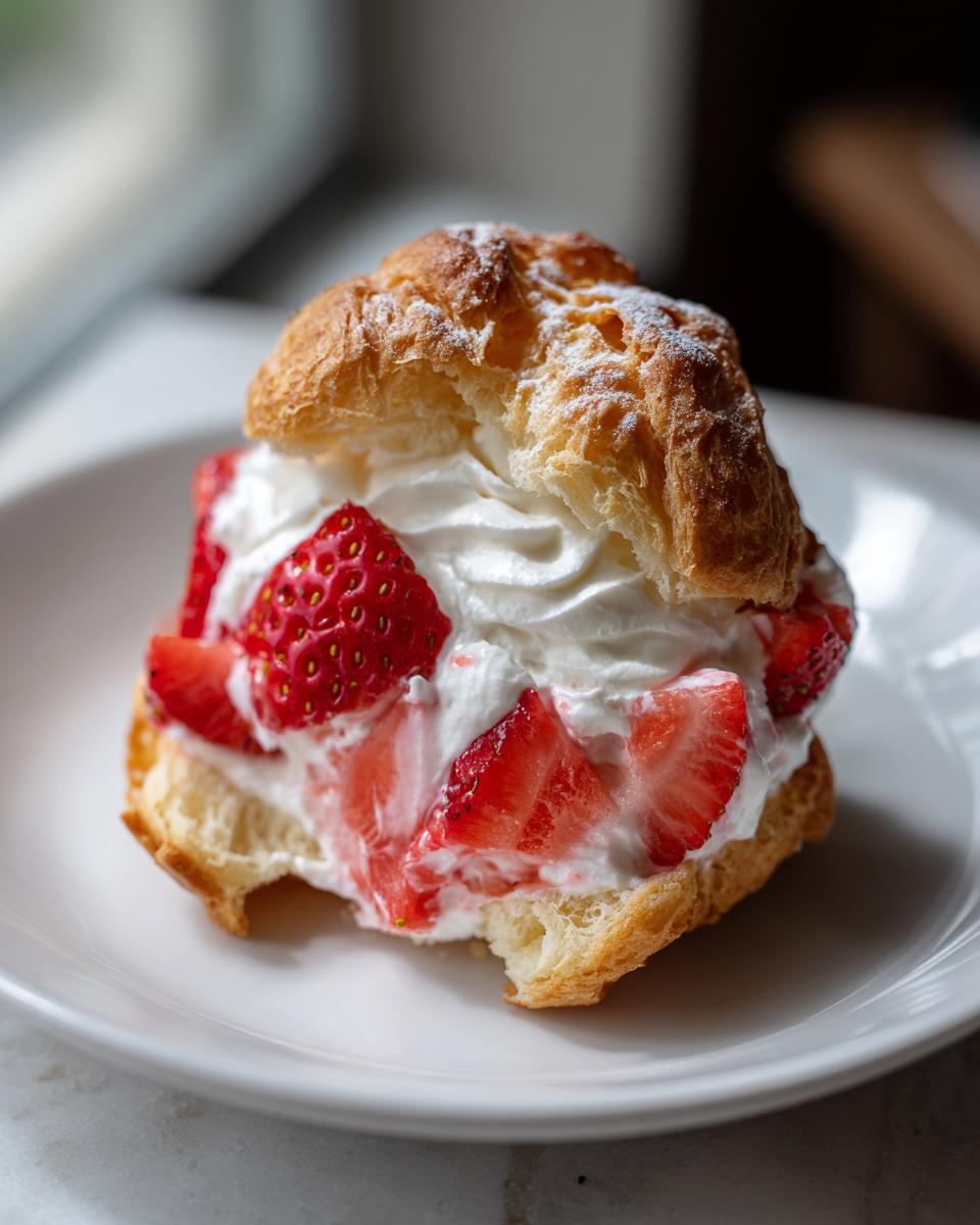 A close-up of a Strawberry Cream Puffs split open, filled generously with whipped cream and fresh sliced strawberries.