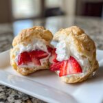 A Strawberry Cream Puffs cut in half, revealing whipped cream and fresh sliced strawberries inside the pastry shell.