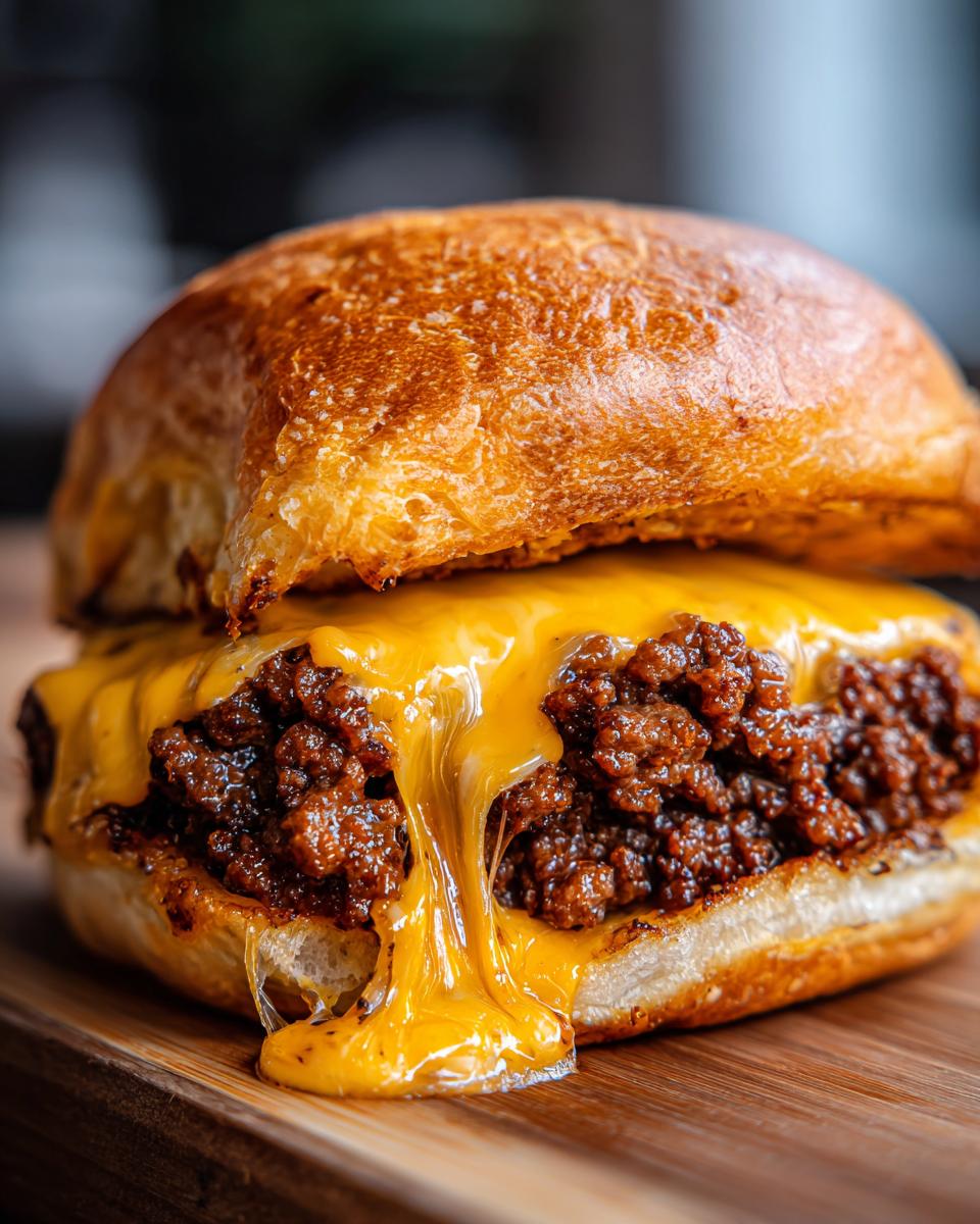 Close-up of a Stuffed Burgers featuring a rich, savory filling and dripping melted cheddar cheese on a toasted bun.