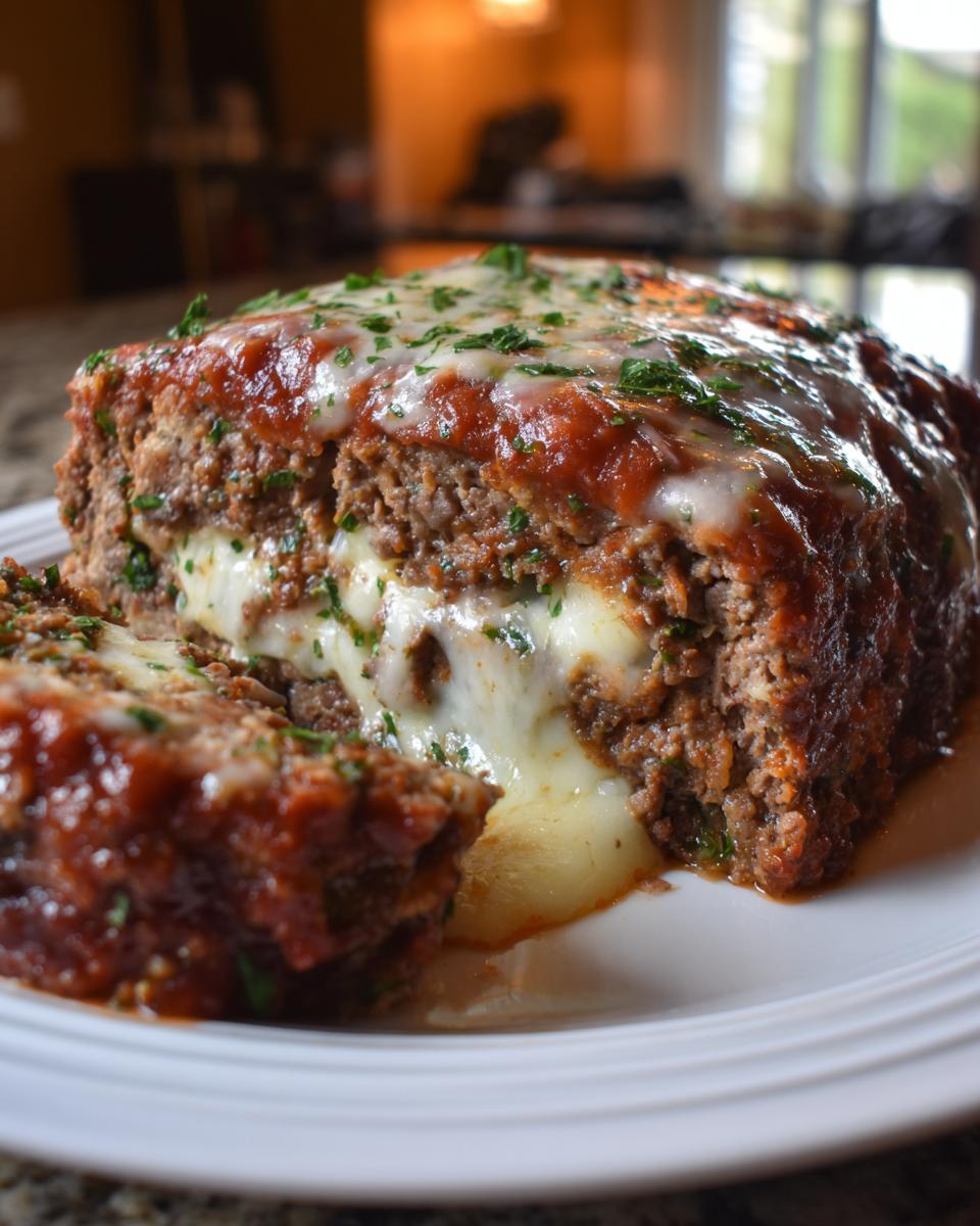 Cross-section of a Stuffed Italian Meatloaf showing melted mozzarella cheese oozing out, topped with marinara sauce and parsley.