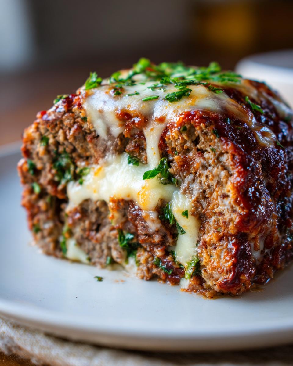 A close-up of a slice of Stuffed Italian Meatloaf showing melted mozzarella cheese oozing from the center and topping.