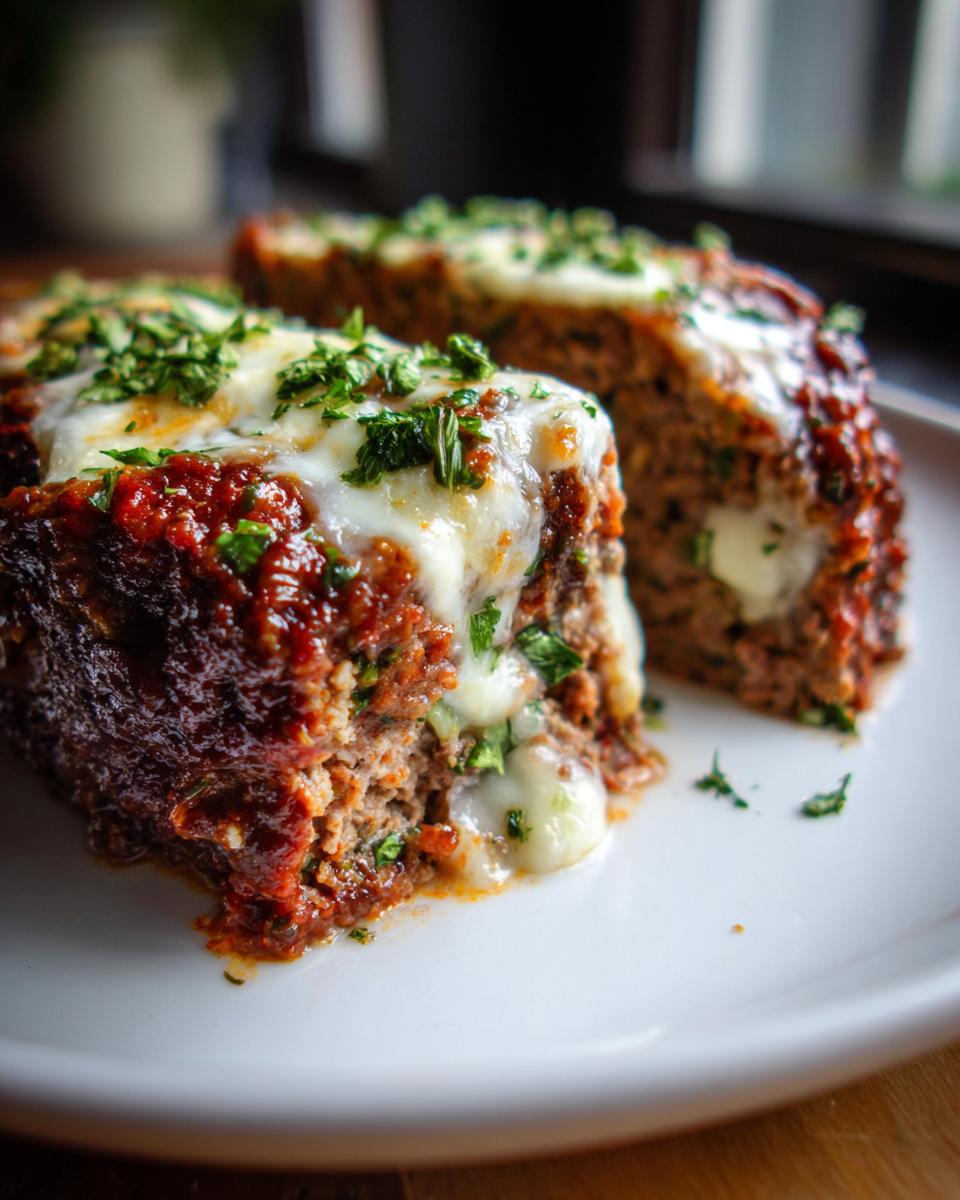 Two slices of Stuffed Italian Meatloaf topped with melted mozzarella and fresh parsley on a white plate.