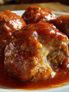 Four Stuffed Meatballs In Gravy on a white plate, one is cut open revealing melted cheese inside.