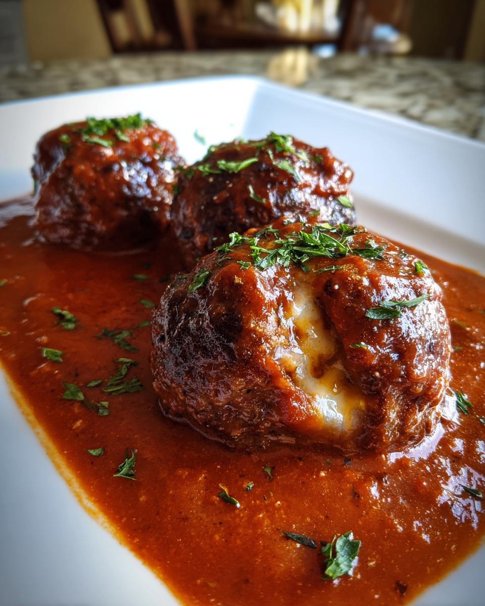 Close-up of three Stuffed Meatballs In Gravy, one showing melted cheese oozing out, garnished with parsley.