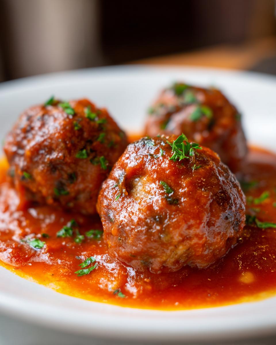 Three juicy Stuffed Meatballs In Gravy, richly coated in tomato sauce and garnished with fresh parsley.