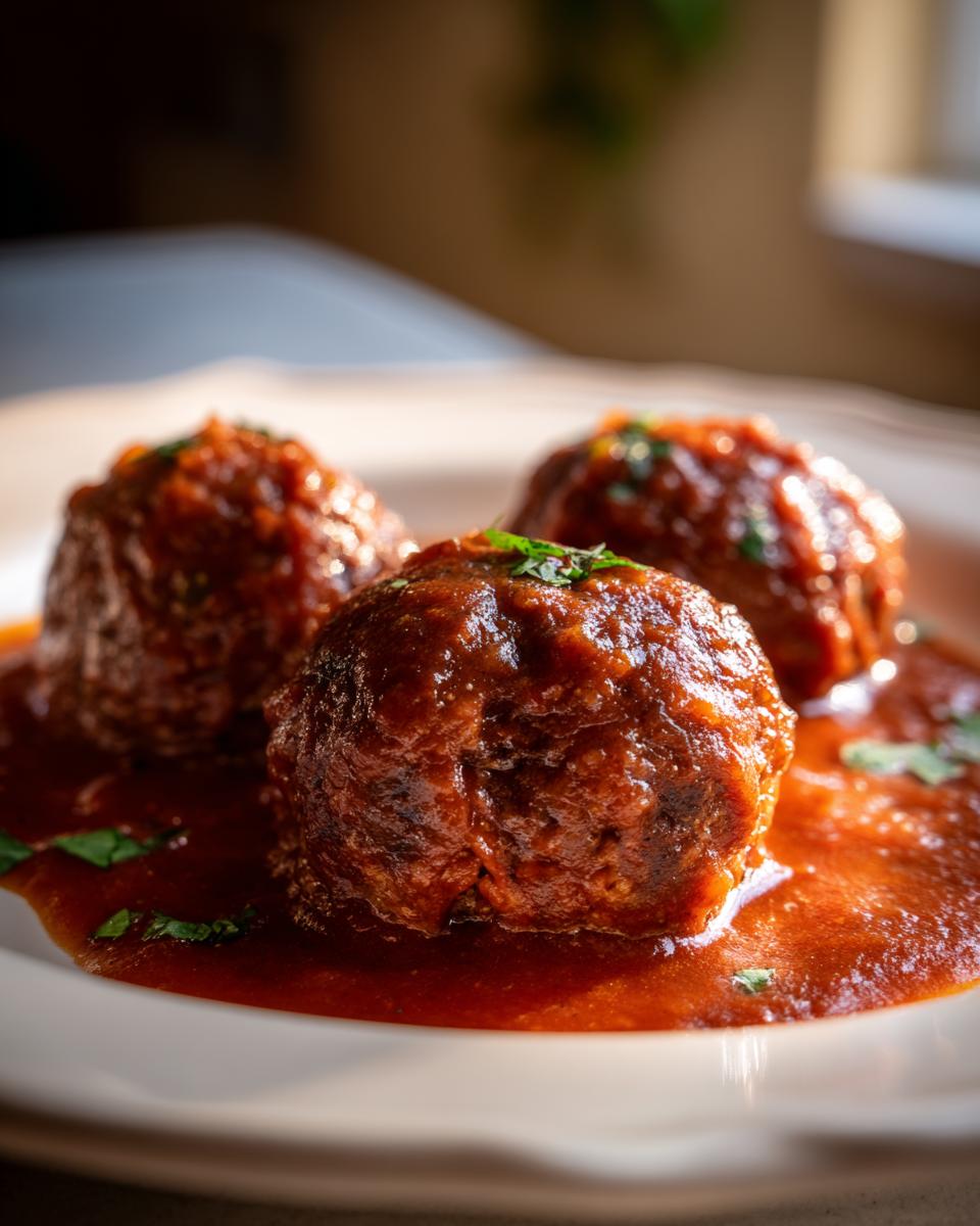 Three rich, dark Stuffed Meatballs In Gravy, garnished with parsley, served on a white plate.