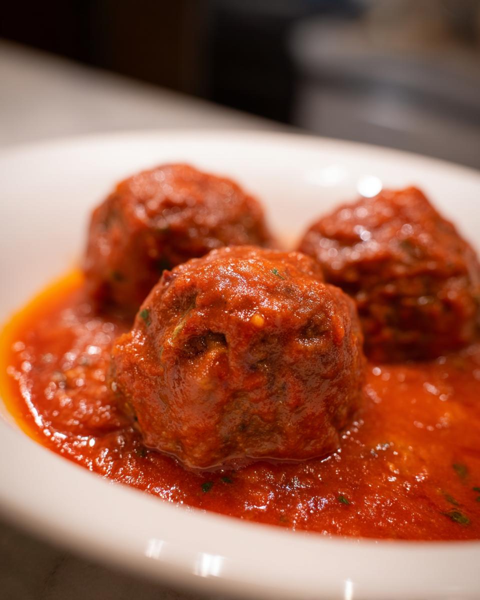 Three large, juicy Stuffed Meatballs In Gravy served in a white bowl with rich tomato sauce.