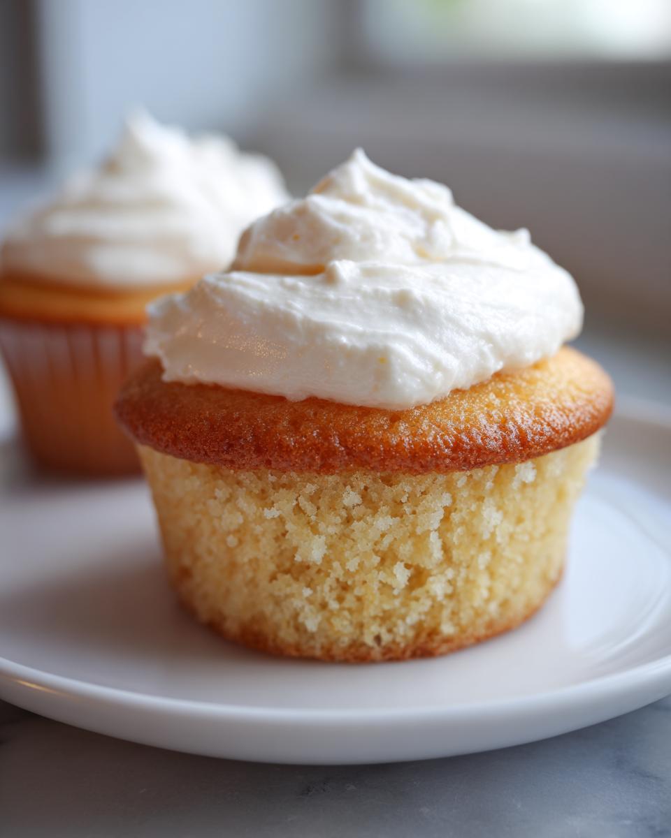 A close-up of one perfectly baked Sugar Free Cupcake topped with thick, white frosting, sitting on a white plate.
