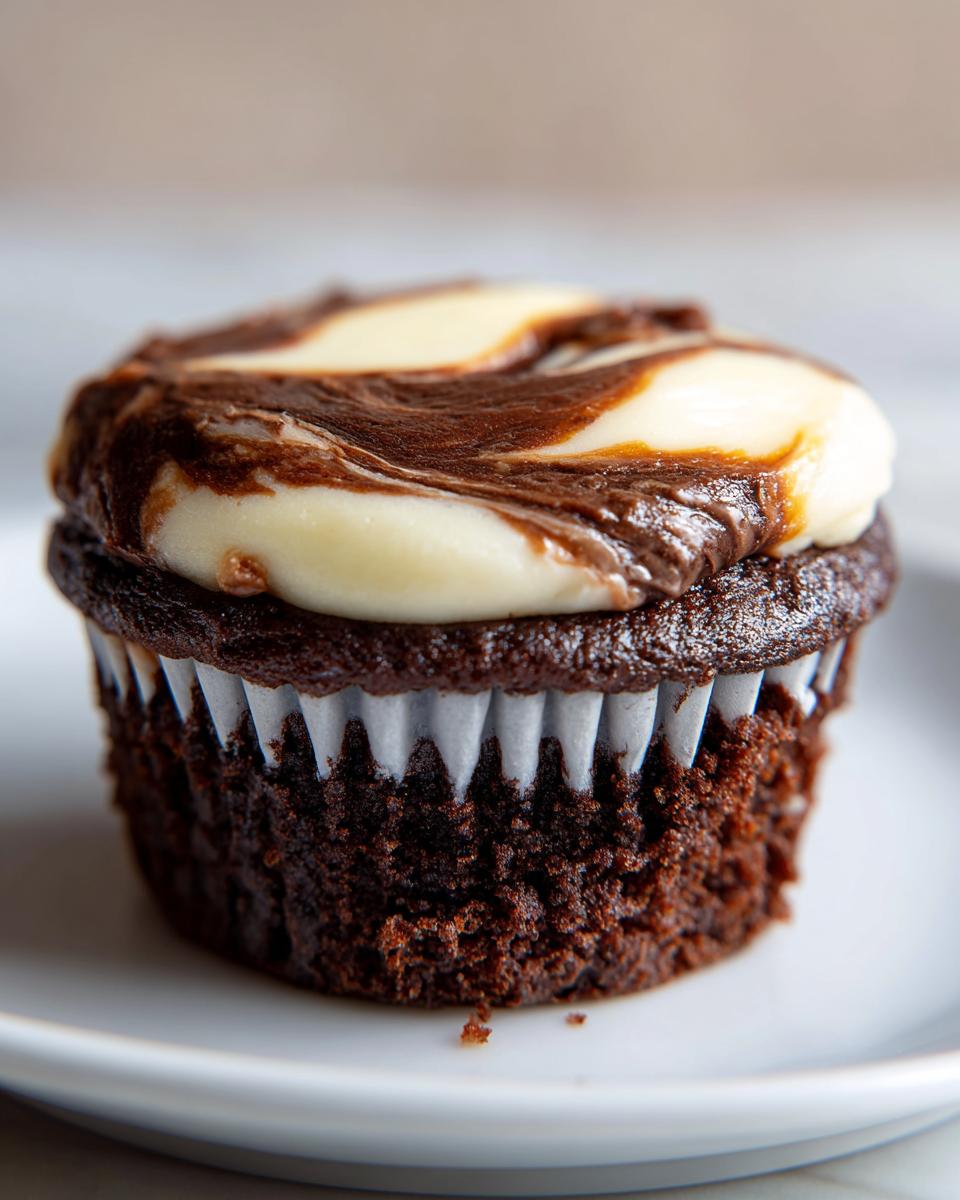 A close-up of one of the Swirled Chocolate Cupcakes featuring dark chocolate cake and marbled vanilla and chocolate frosting.