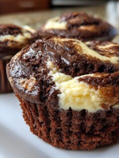 Close-up of three Swirled Chocolate Cupcakes featuring dark chocolate cake and light cream cheese swirl topping.