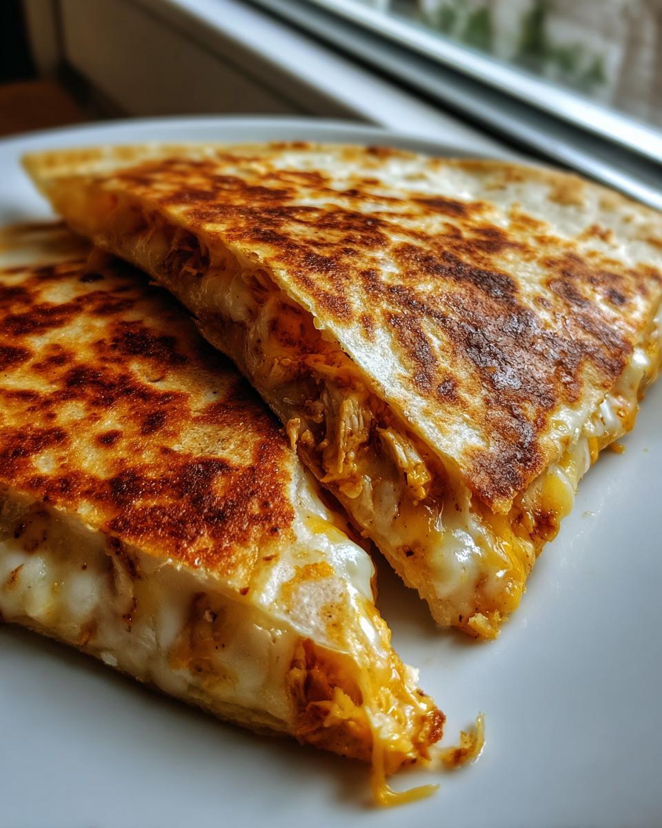 Two crispy, golden-brown slices of a homemade Taco Bell Quesadilla oozing with melted cheese and seasoned chicken filling.