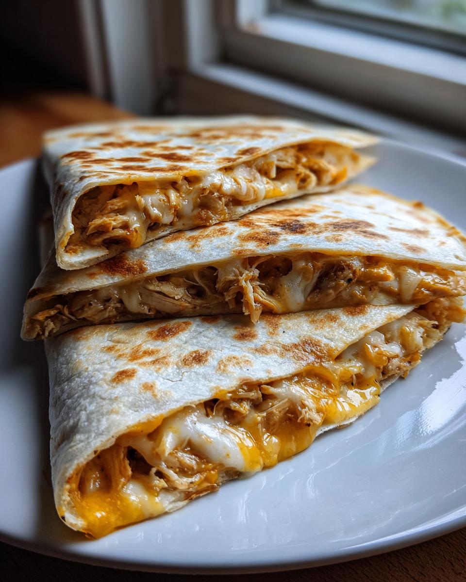 Three stacked slices of homemade Taco Bell Quesadilla showing shredded chicken and gooey melted cheese.